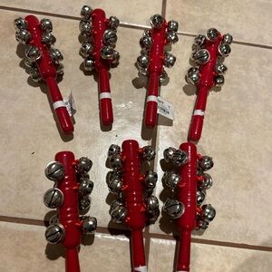 Set of 7 Pier 1 Wood Handle Held Christmas Jingle Bells